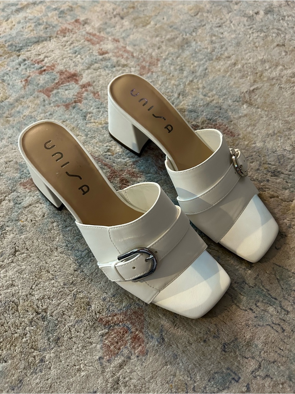 Unisa White Buckle Block Heel Mules